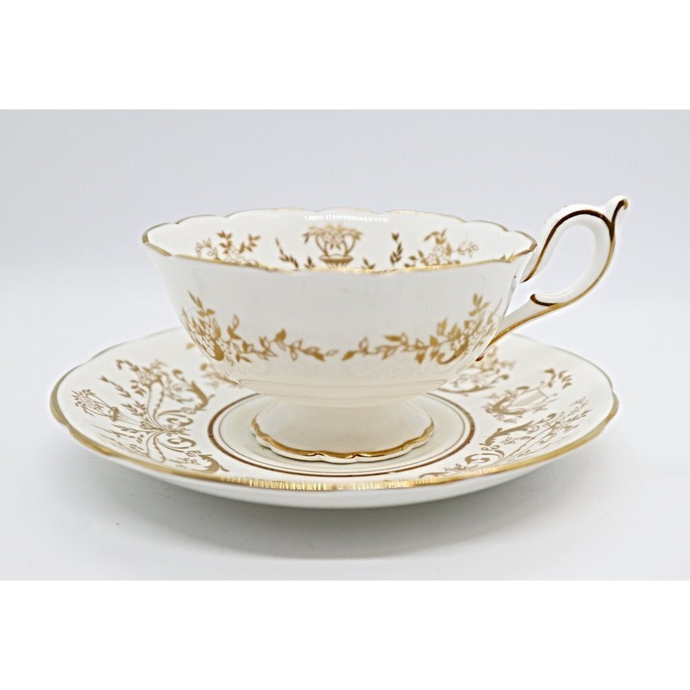 Vintage Coalport Teacup and Saucer Golden Gold Gilt Lire Instrument Design Tea